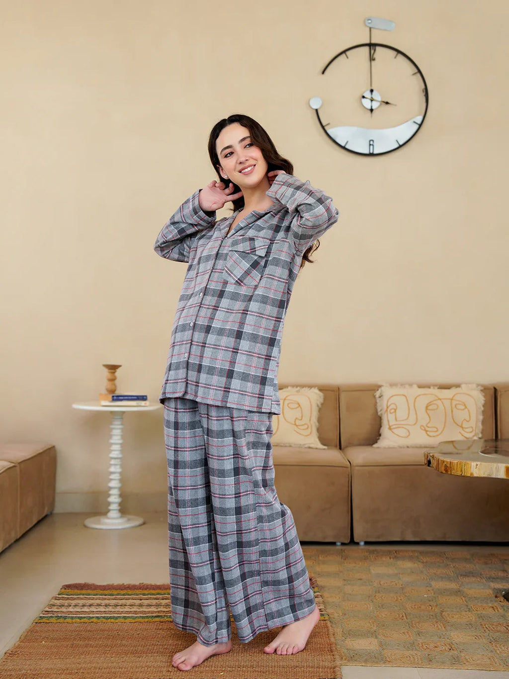 Grey V-Neck Pure Cotton Checked Winter Night Suit for Women - SanskrutiHomes 