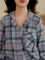 Grey V-Neck Pure Cotton Checked Winter Night Suit for Women - SanskrutiHomes 