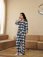 Black Shirt Collar Pure Cotton Checked Winter Night Suit for Women - SanskrutiHomes 