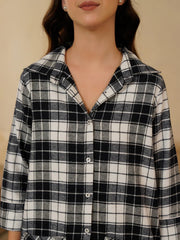 Black Shirt Collar Pure Cotton Checked Winter Night Suit for Women - SanskrutiHomes 