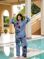 Blue Pure Cotton Lapel Collar Checked Night Suit for Women - SanskrutiHomes 