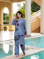 Blue Pure Cotton Lapel Collar Checked Night Suit for Women - SanskrutiHomes 