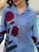 Blue Pure Cotton Lapel Collar Checked Night Suit for Women - SanskrutiHomes 