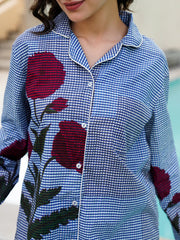 Blue Pure Cotton Lapel Collar Checked Night Suit for Women - SanskrutiHomes 