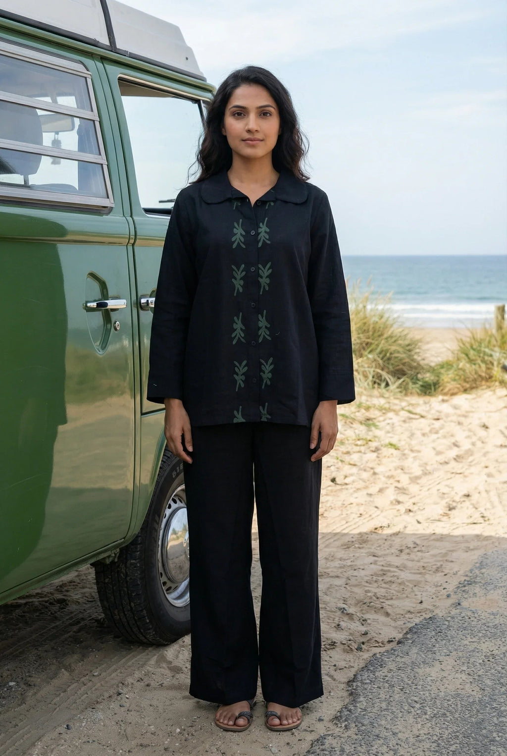 Black Solid Hand block Print Shirt Collar Cotton Night Suit Set for Women - SanskrutiHomes 