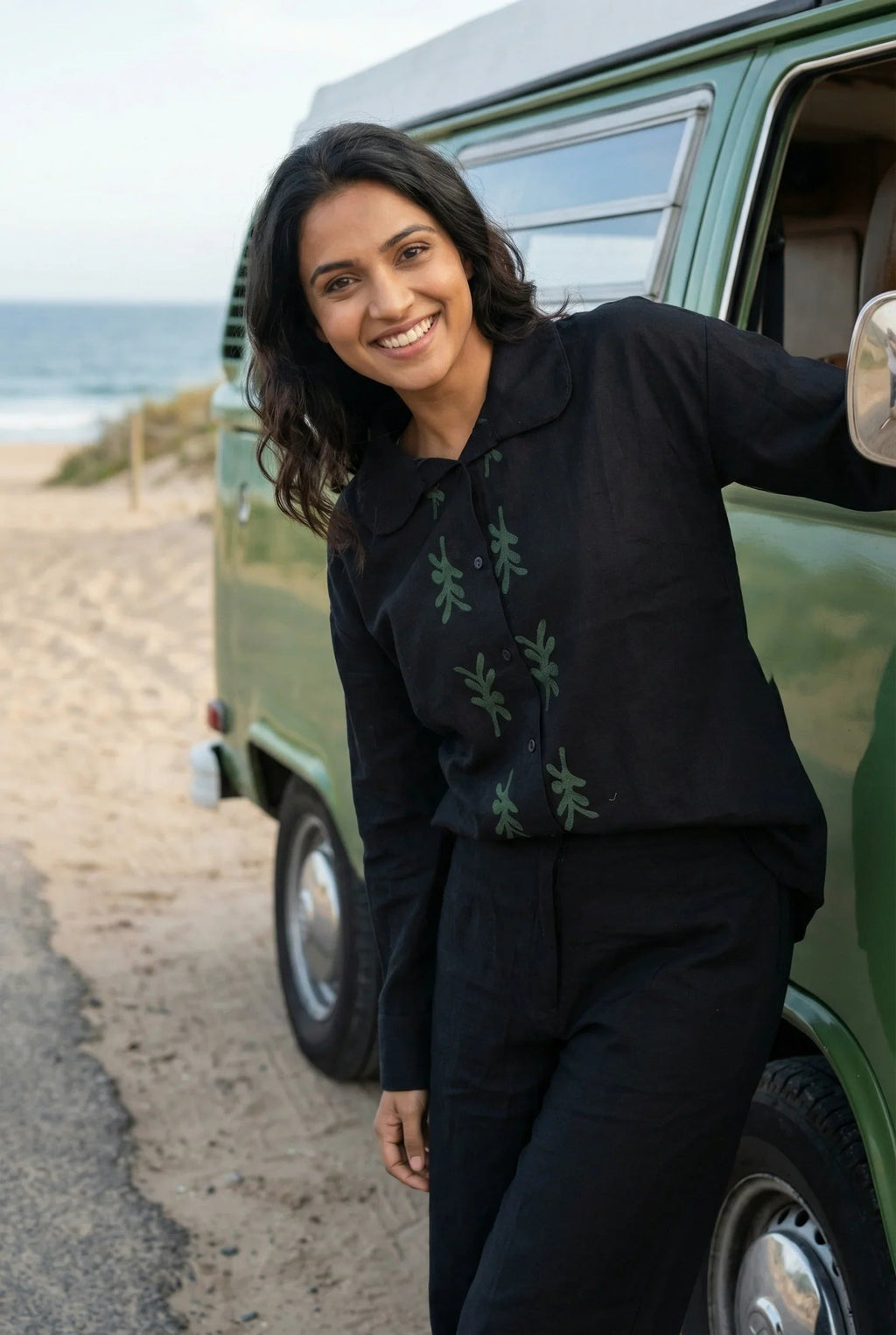 Black Solid Hand block Print Shirt Collar Cotton Night Suit Set for Women - SanskrutiHomes 