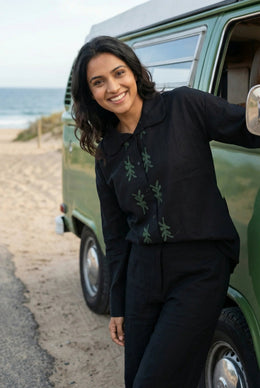 Black Solid Hand block Print Shirt Collar Cotton Night Suit Set for Women - SanskrutiHomes 