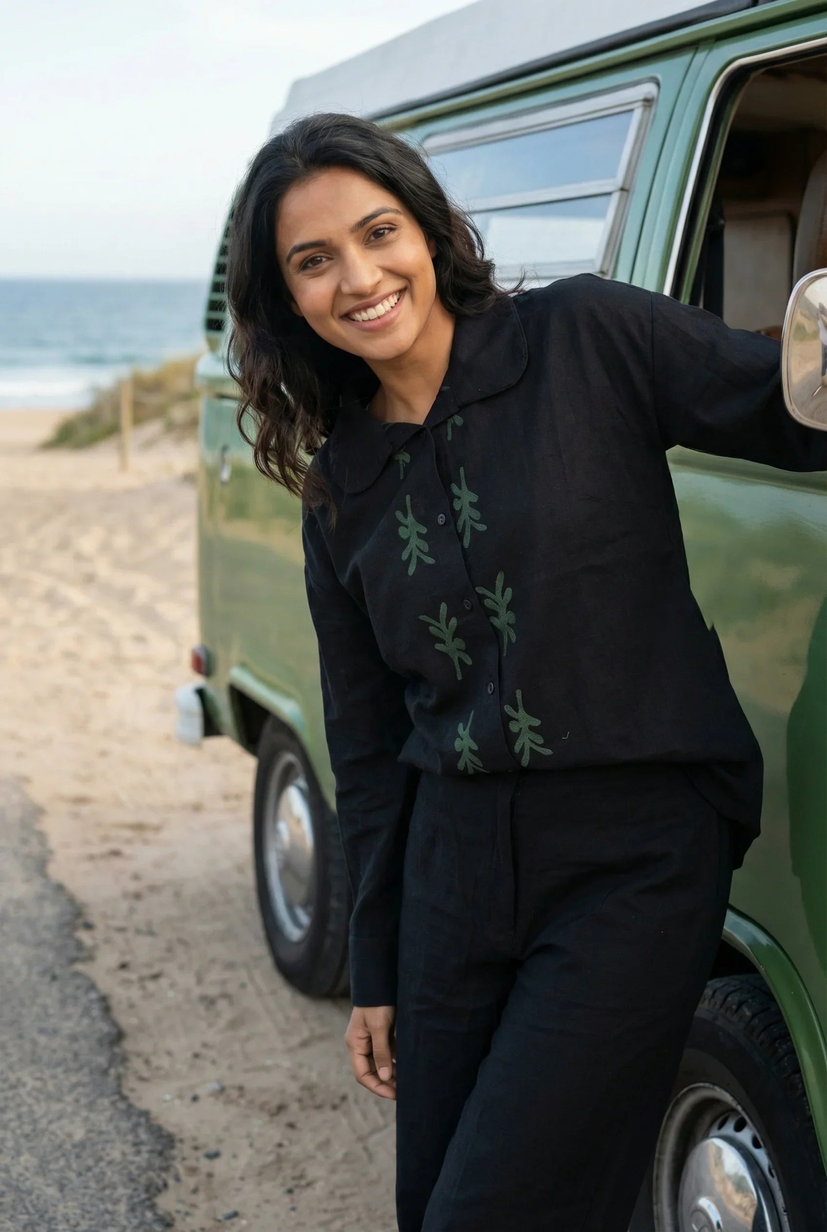 Black Solid Hand block Print Shirt Collar Cotton Night Suit Set for Women - SanskrutiHomes 