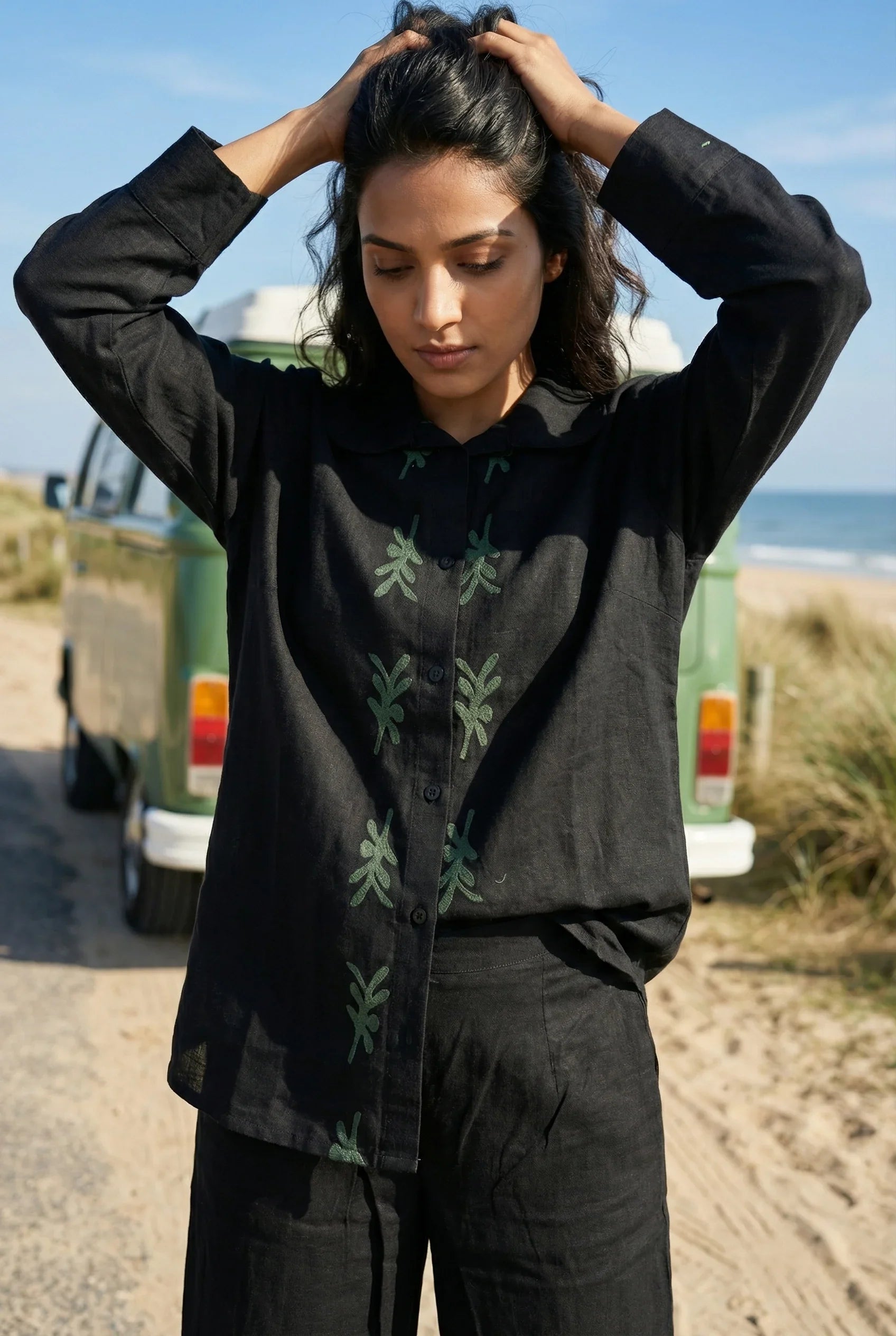 Black Solid Hand block Print Shirt Collar Cotton Night Suit Set for Women - SanskrutiHomes 