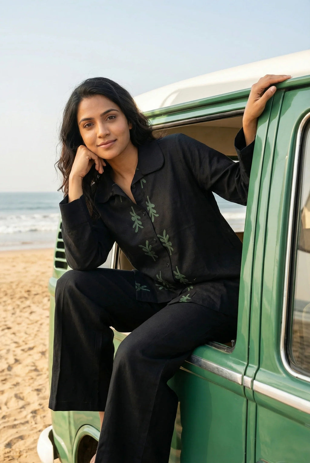 Black Solid Hand block Print Shirt Collar Cotton Night Suit Set for Women - SanskrutiHomes 