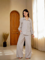 Beige Lapel Collar Pure Cotton Solid Night Suit for Women - SanskrutiHomes 