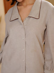 Beige Lapel Collar Pure Cotton Solid Night Suit for Women - SanskrutiHomes 
