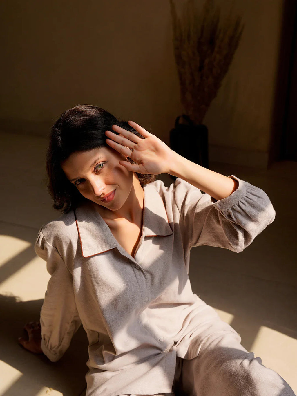 Beige Lapel Collar Pure Cotton Solid Night Suit for Women - SanskrutiHomes 