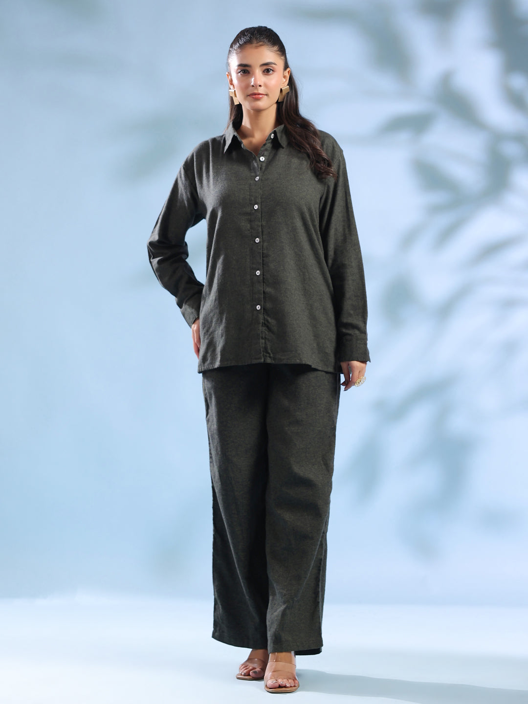 Women's Green Solid Pure Cotton Shirt Collar Night Suit
