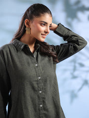 Women's Green Solid Pure Cotton Shirt Collar Night Suit