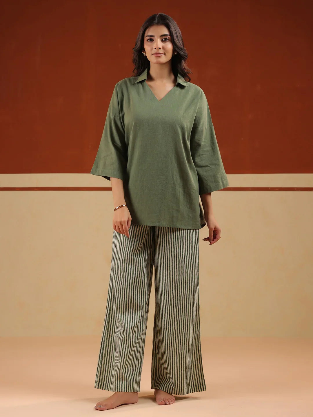 Olive Solid V-Neck Pure Cotton Night Suit For Women