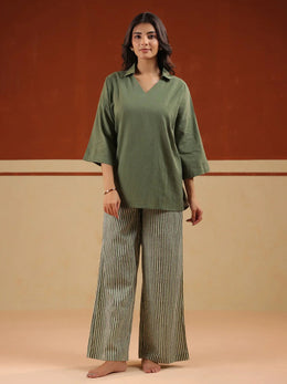 Olive Solid V-Neck Pure Cotton Night Suit For Women