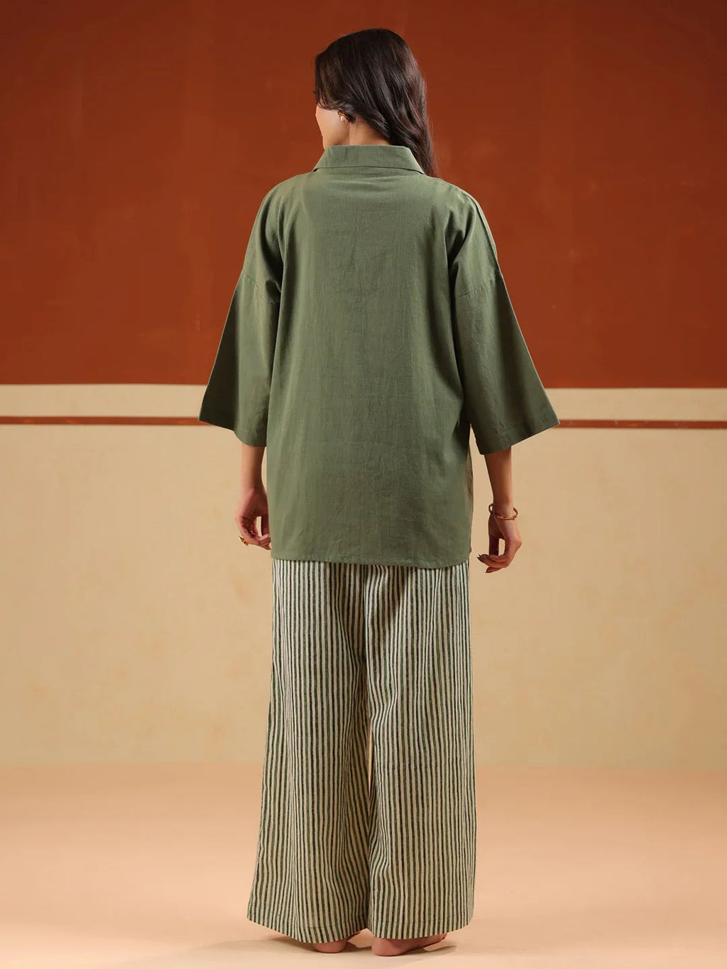 Olive Solid V-Neck Pure Cotton Night Suit For Women