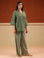 Olive Solid V-Neck Pure Cotton Night Suit For Women