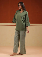 Olive Solid V-Neck Pure Cotton Night Suit For Women