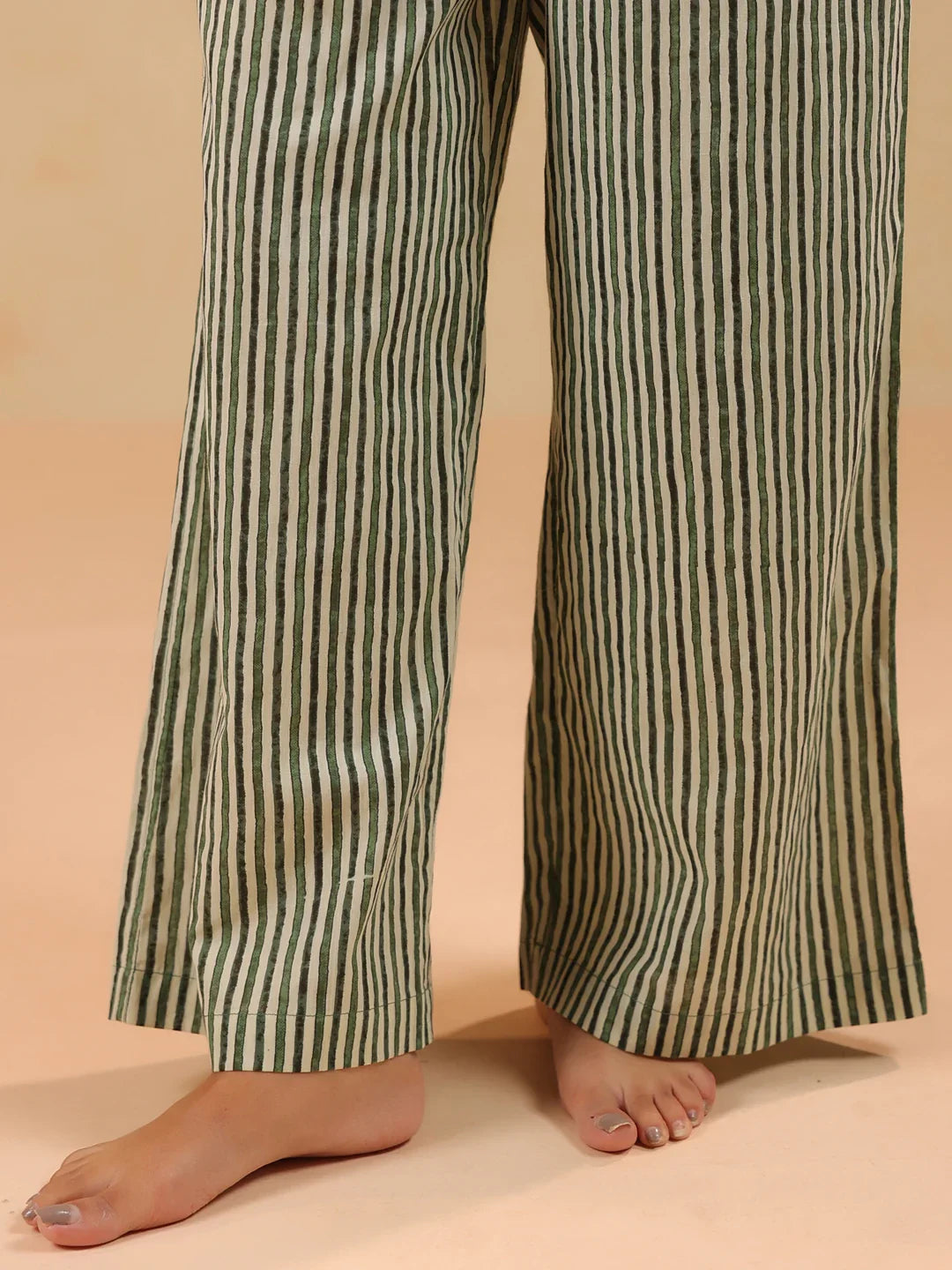 Olive Solid V-Neck Pure Cotton Night Suit For Women