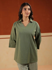 Olive Solid V-Neck Pure Cotton Night Suit For Women