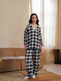 Black & White Checked Pure Cotton Shirt Collar winter Night Suit for Women - SanskrutiHomes 