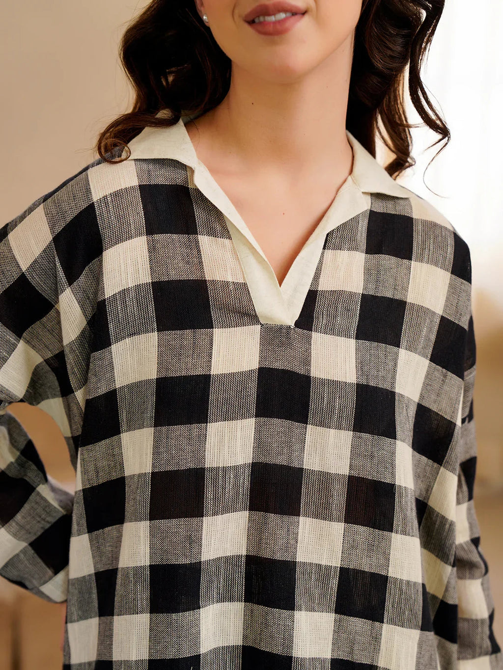 Black & White Checked Pure Cotton Shirt Collar winter Night Suit for Women - SanskrutiHomes 