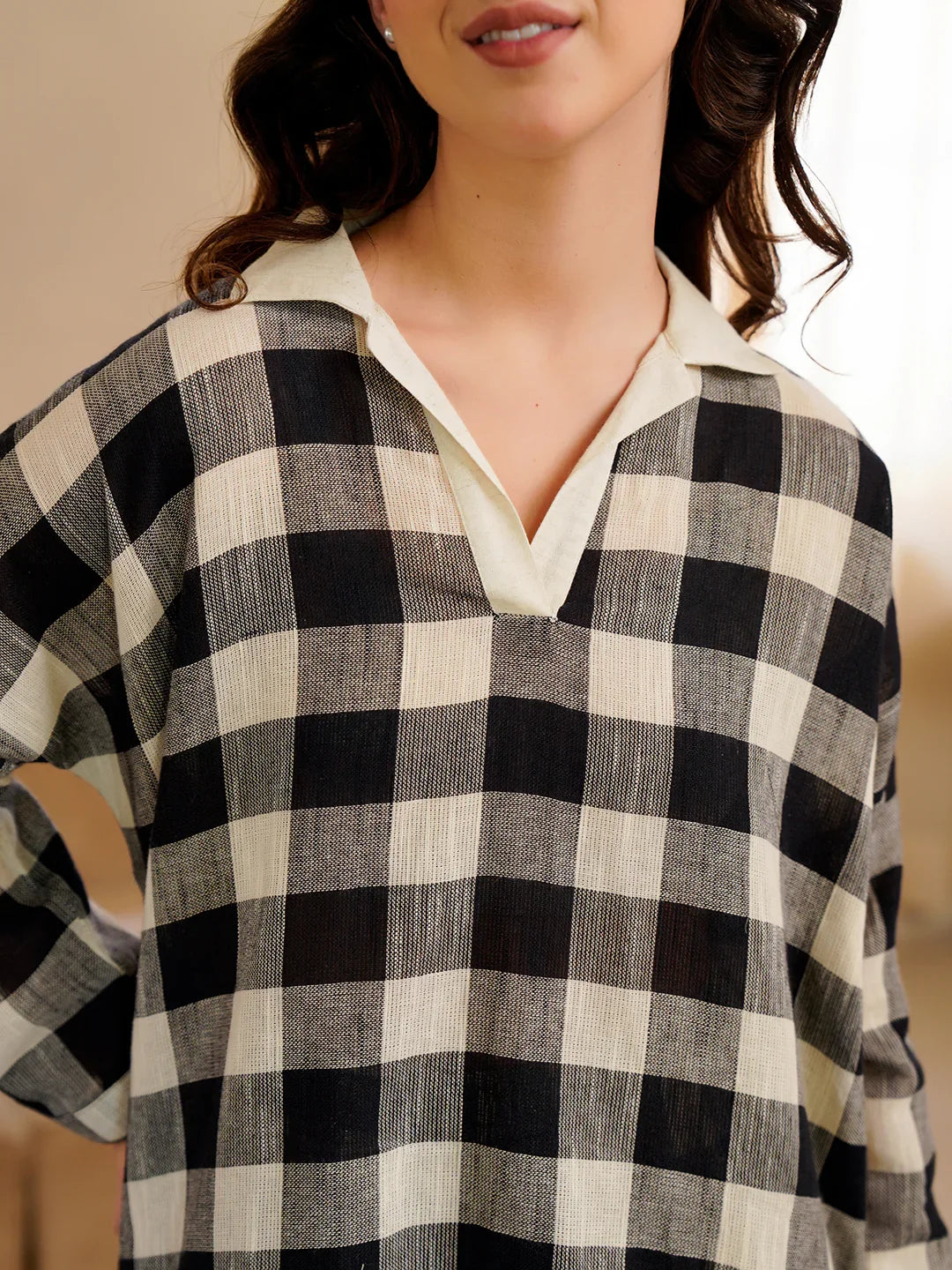 Black & White Checked Pure Cotton Shirt Collar winter Night Suit for Women - SanskrutiHomes 