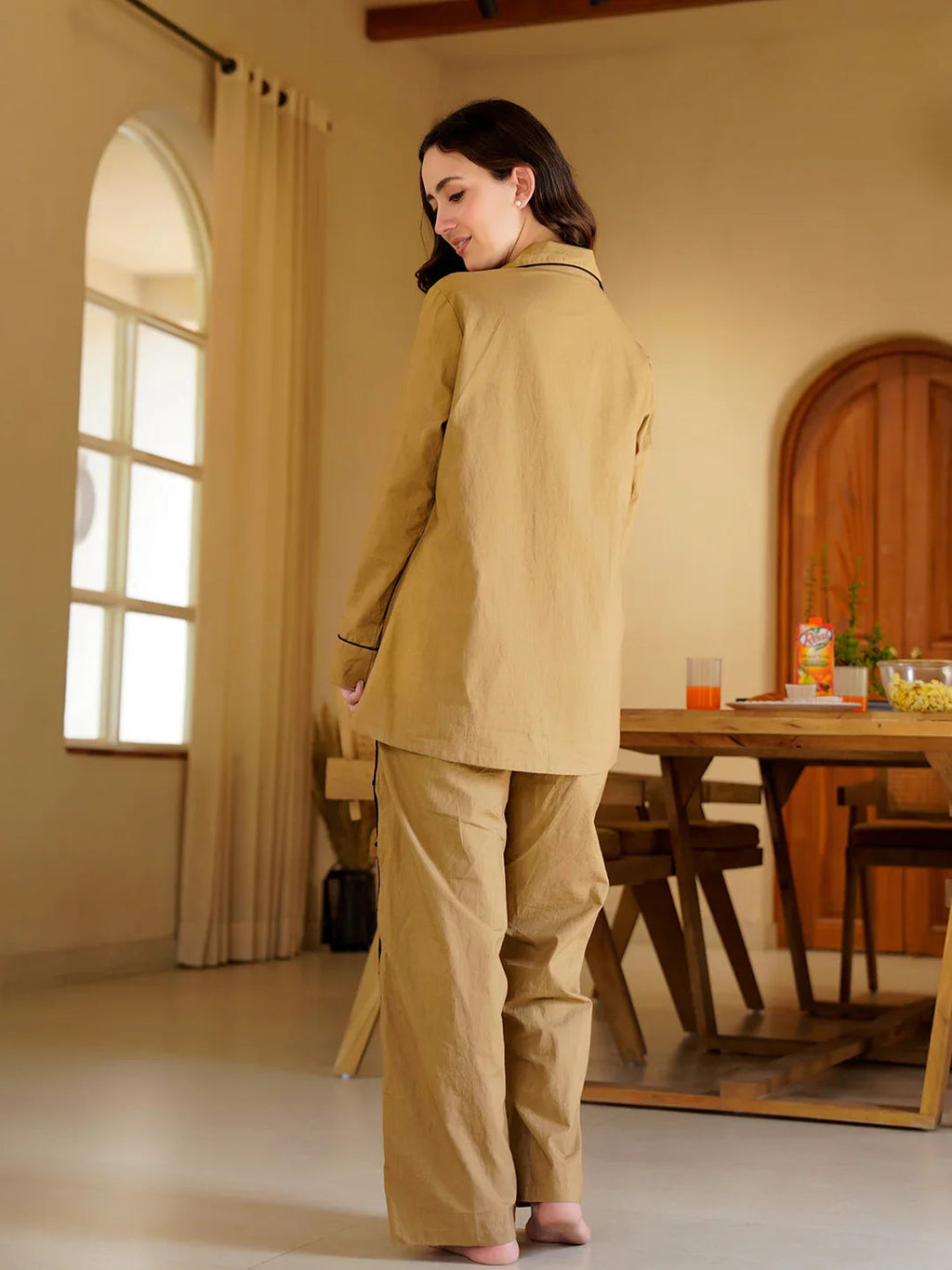 Coffee Brown Lapel Collar Pure Cotton Solid Night Suit for Women - SanskrutiHomes 