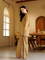 Coffee Brown Lapel Collar Pure Cotton Solid Night Suit for Women - SanskrutiHomes 