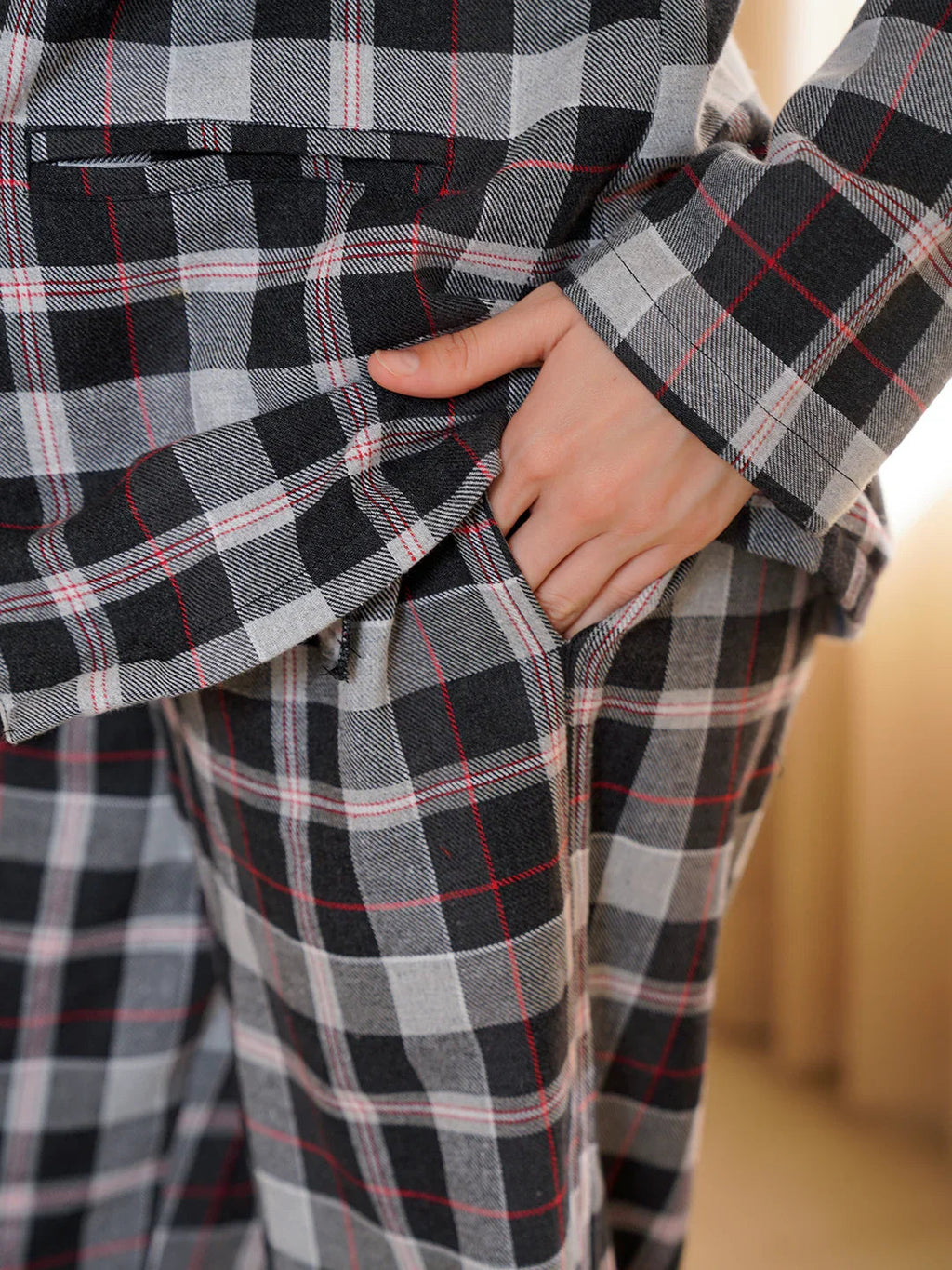 Black Round Neck Pure Cotton Checked Winter Night Suit for Women - SanskrutiHomes 