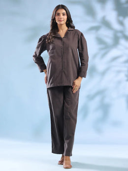Grey Solid Lapel Collar Cotton Blend Night Suit For Women