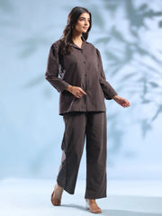 Grey Solid Lapel Collar Cotton Blend Night Suit For Women