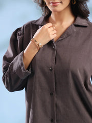 Grey Solid Lapel Collar Cotton Blend Night Suit For Women