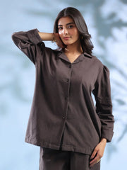 Grey Solid Lapel Collar Cotton Blend Night Suit For Women