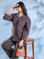 Grey Solid Lapel Collar Cotton Blend Night Suit For Women