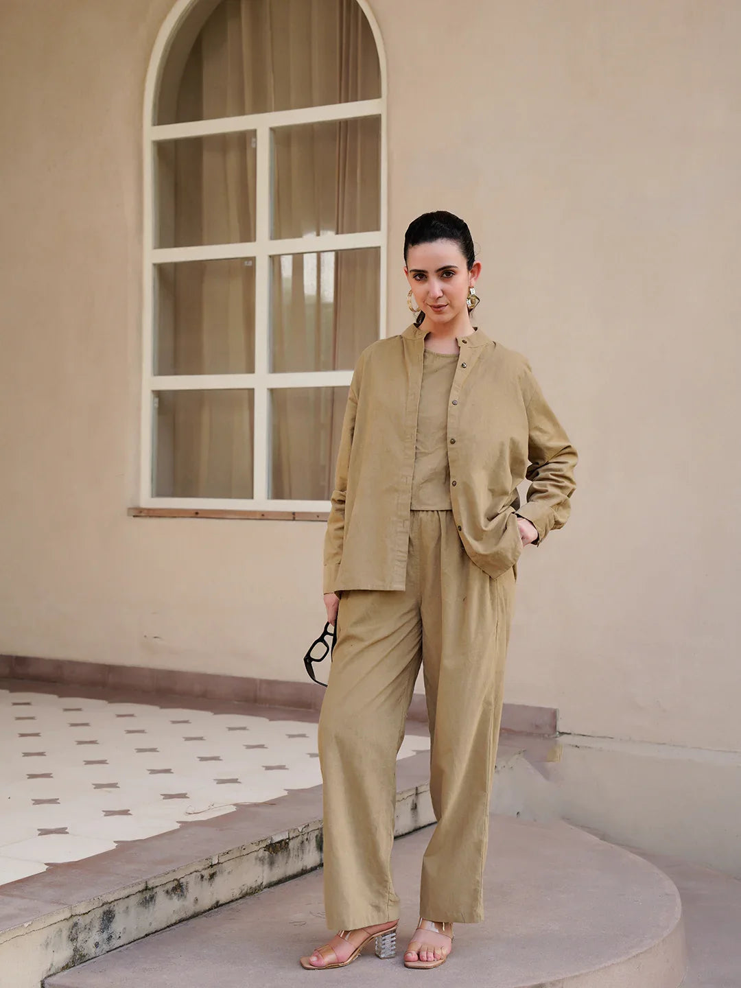 Beige Mandarin Collar Cotton Blend Solid Night Suit for Women - SanskrutiHomes 