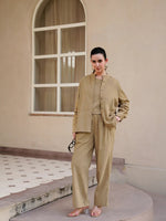 Beige Mandarin Collar Cotton Blend Solid Night Suit for Women - SanskrutiHomes 