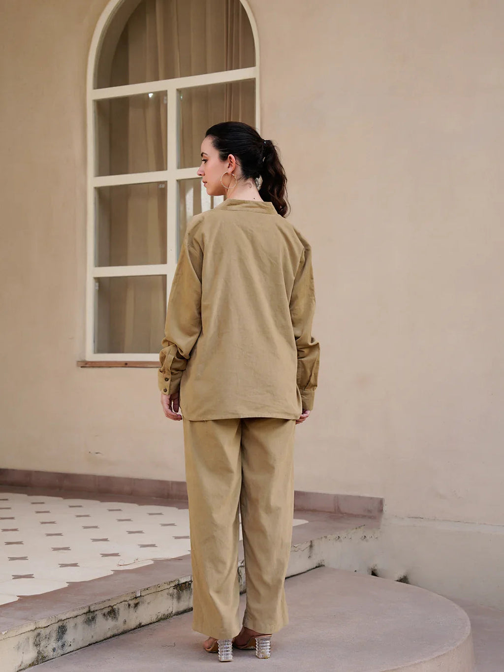 Beige Mandarin Collar Cotton Blend Solid Night Suit for Women - SanskrutiHomes 