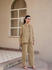 Beige Mandarin Collar Cotton Blend Solid Night Suit for Women - SanskrutiHomes 
