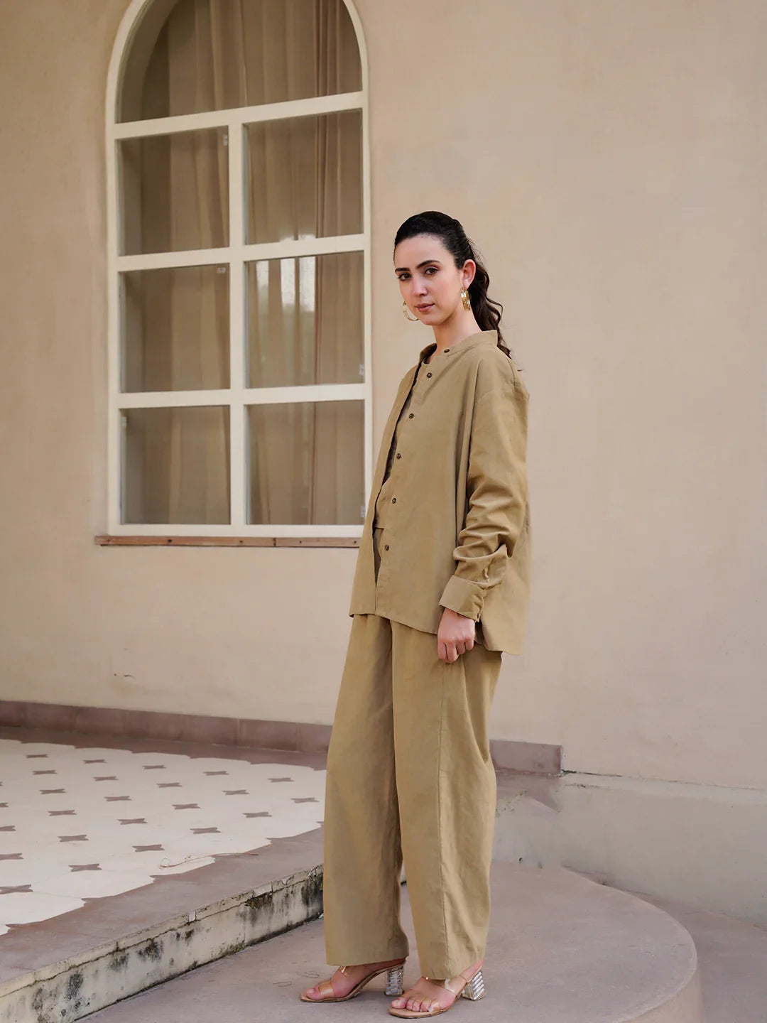 Beige Mandarin Collar Cotton Blend Solid Night Suit for Women - SanskrutiHomes 