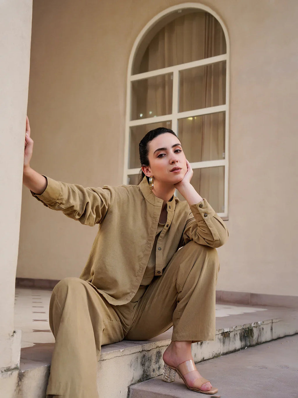 Beige Mandarin Collar Cotton Blend Solid Night Suit for Women - SanskrutiHomes 