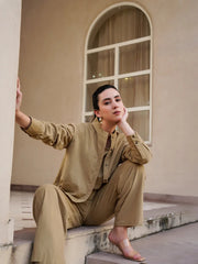 Beige Mandarin Collar Cotton Blend Solid Night Suit for Women - SanskrutiHomes 
