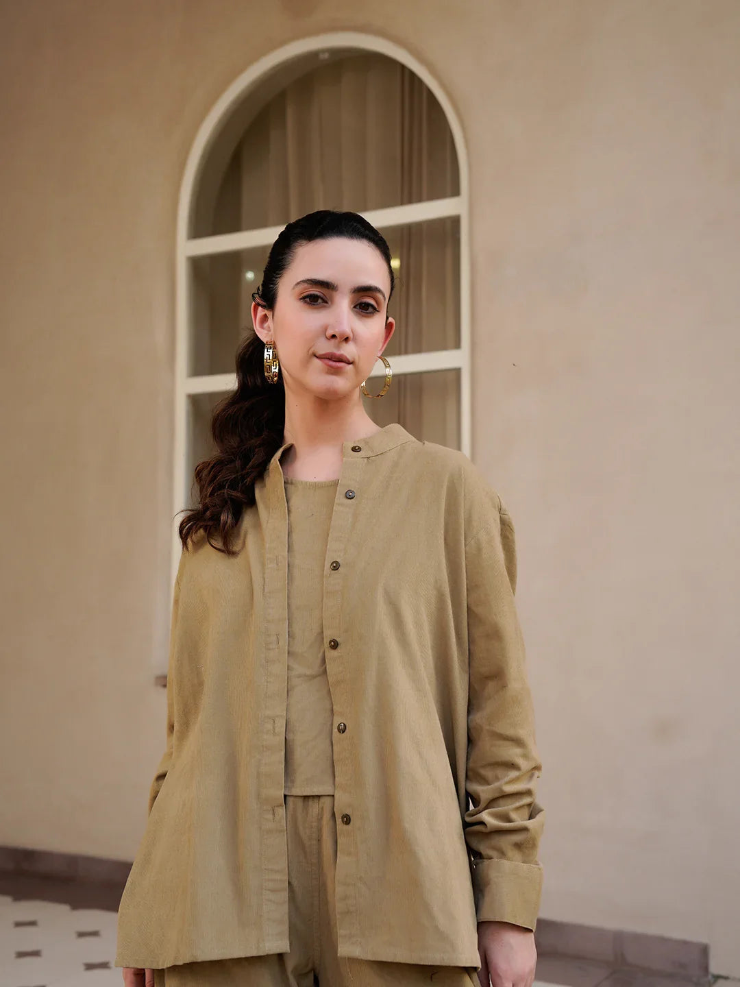 Beige Mandarin Collar Cotton Blend Solid Night Suit for Women - SanskrutiHomes 