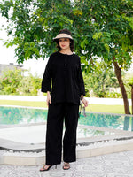 Black Round Neck Corduroy Solid Night Suit for Women - SanskrutiHomes 