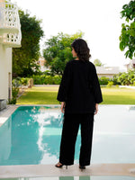 Black Round Neck Corduroy Solid Night Suit for Women - SanskrutiHomes 