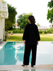 Black Round Neck Corduroy Solid Night Suit for Women - SanskrutiHomes 