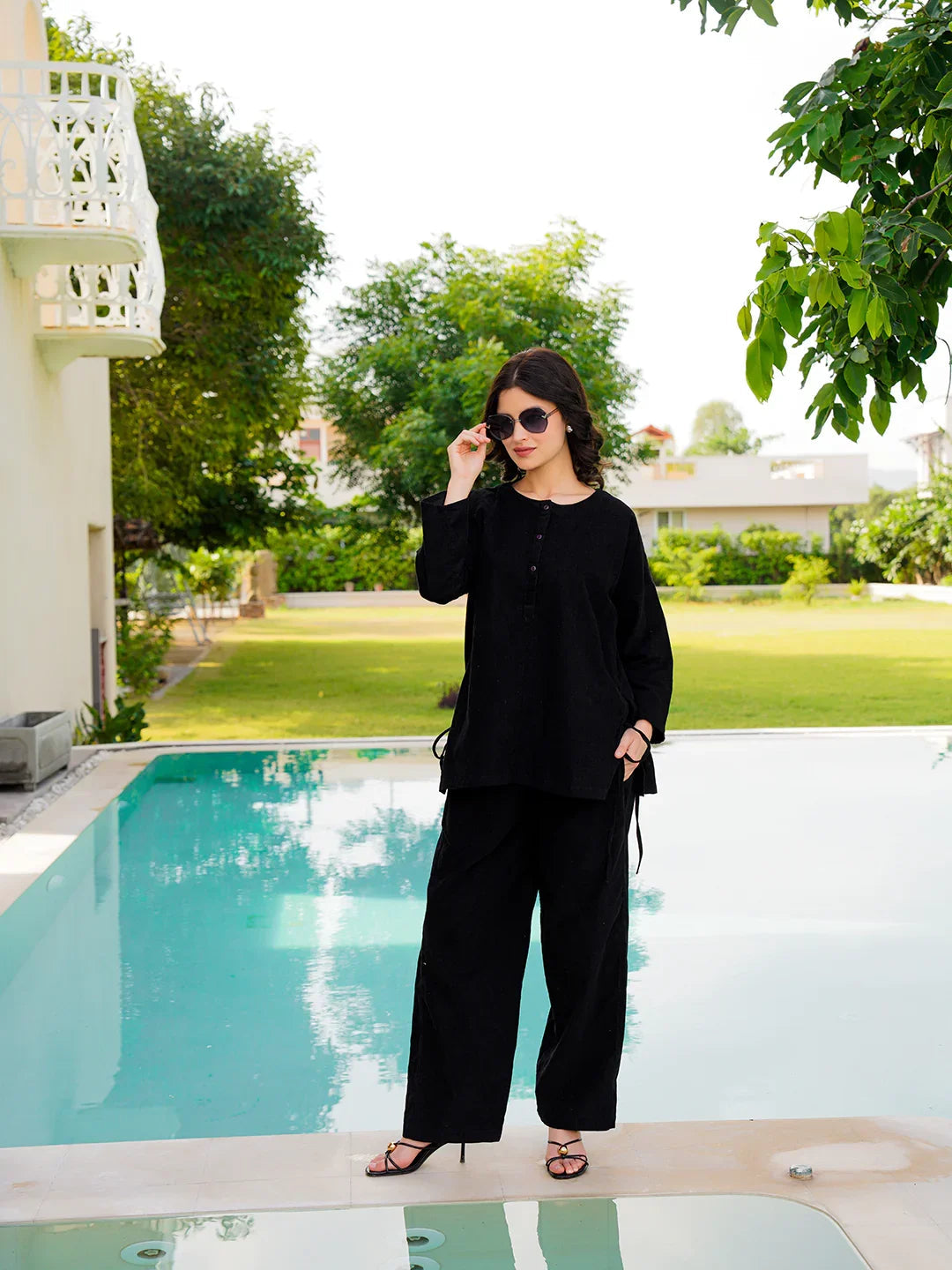 Black Round Neck Corduroy Solid Night Suit for Women - SanskrutiHomes 