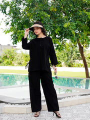 Black Round Neck Corduroy Solid Night Suit for Women - SanskrutiHomes 